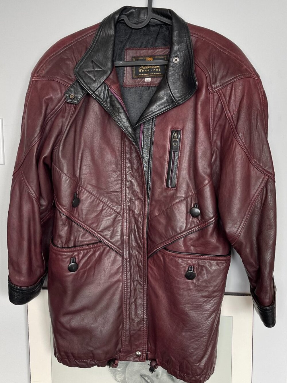 VINTAGE SELECTION MONOPOL OVERSIZED LEATHER COAT IN BURGUNDY SIZE SMALL